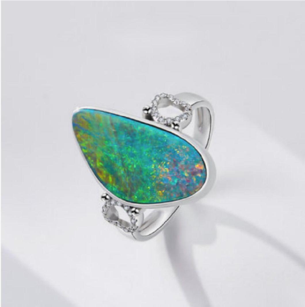 New Arrival Jewelry Rhodium Plated 925 Silver Lab Opal Engagement Ring with Gems