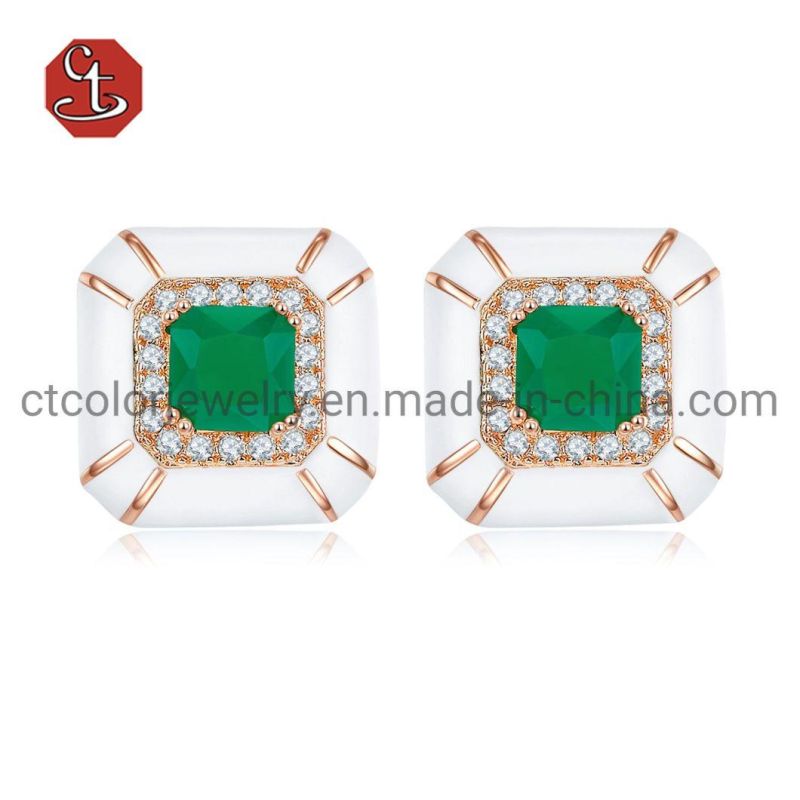 Green Stone Silver or Brass Necklace with White Enamel Fashion Enamel Pendants Necklaces