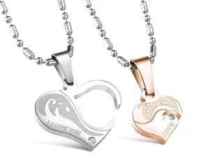 Fashion 1 Pair Lovers&prime; Couple Pendant Necklace Matching Hearts Shape Rhinestone Pendant Stainless Steel Lovers Necklace jewelry