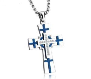 Fashion Stainless Steel Necklace for Cool Men Stripe Blue Cubic Zirconia Cross Pendants Male Long Chain Vintage Christ Jewelry