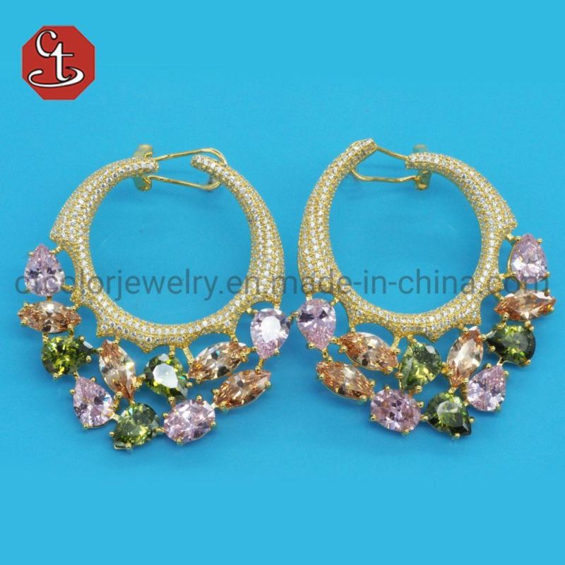 Luxury Geometric Silver or Brass Earring Colorful Gemstone with Cubic Zircon Eardrop