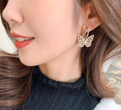 14K Gold Plated Fashion Jewelry Pave Glass Stone Mini Hoop with Statement Bling Butterfly Drop Earrings for Women