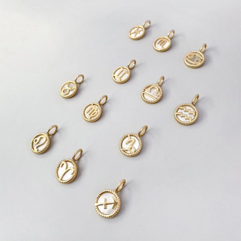 Customized Fashion Jewelry 18K Gold Plated 925 Sterling Silver Circle Mother of Pearl Gold Coin Zodiac Sign Pendants Charms
