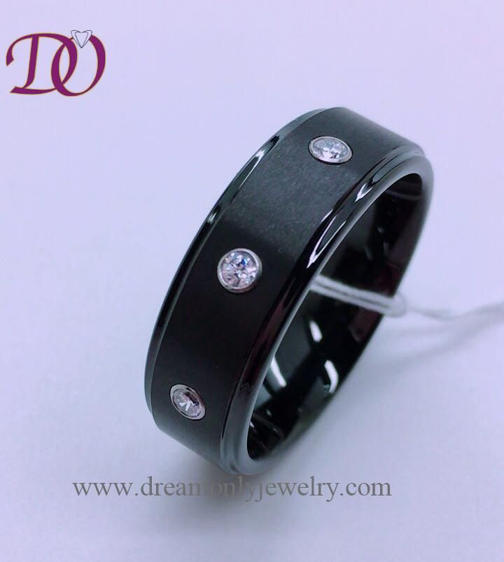 Black Tungsten Ring with White Zircon Stone