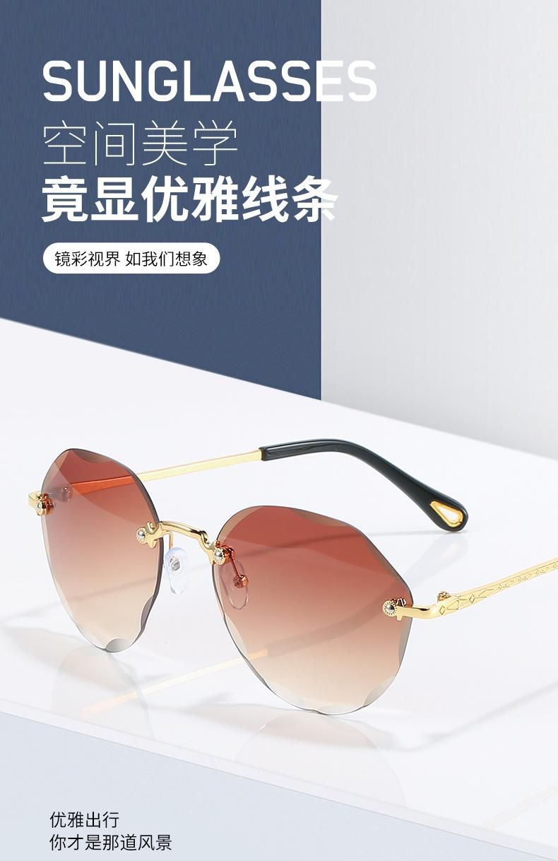 Rimless Sunglasses Fashion Trend Women Round Cut Edge Gradient Color Sunglasses