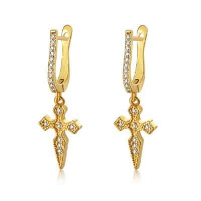 New Fashion 925 Sterling Silver 18K Gold Cross with Diamond Huggie Earrings for Female and Girls Jewelry