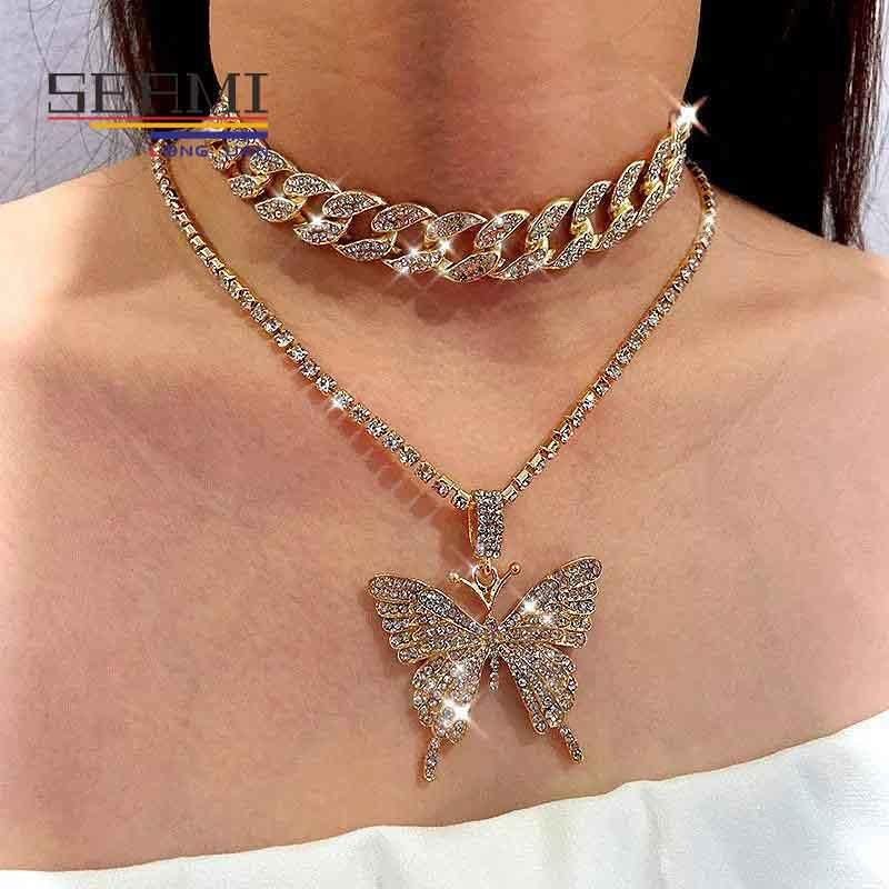 Cuban Beaded Chain Butterfly Layered Diamond Choker Necklace for Women