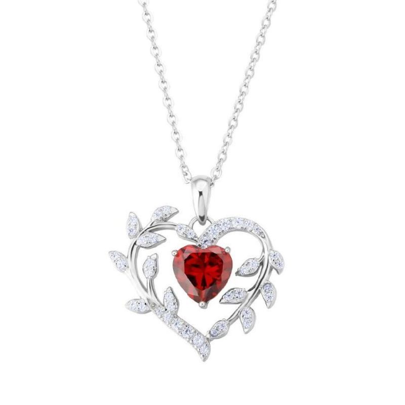 Garnet Birthstone 18K White Rose Gold Plated 925 Sterling Silver Diamond Heart Shape Pendant Heart Necklaces for Women