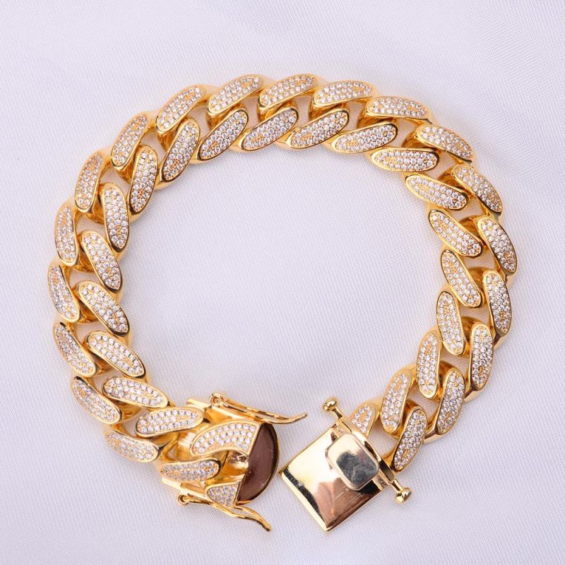 925 Sterling Silver Mens 18K Gold Cuban CZ Link Chain Bracelet Bangles