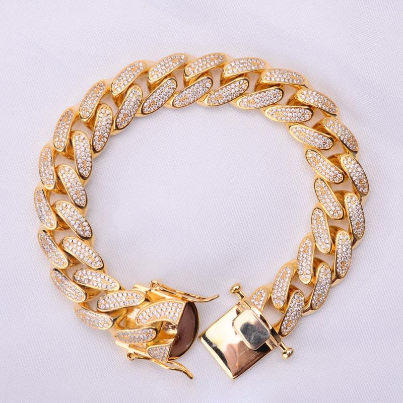 925 Sterling Silver Mens 18K Gold Cuban CZ Link Chain Bracelet Bangles