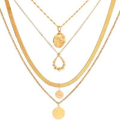 Layered Necklace for Women Coin, Water Drop Pendants Mix Herringbone and Curb Necklace Chain Jewelry