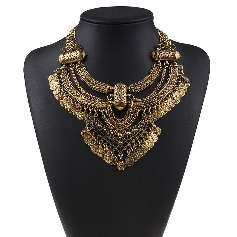 Multi Layer Vintage Exaggerated Coin Big Brand Necklace with Long Clavicle Chain