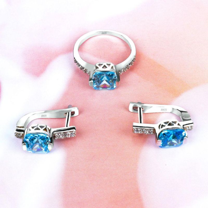 Chinese Fancy 925 Sterling Silver Sky Blue CZ Earrings Ladies Jewellery Sets