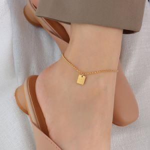 Astofli 14K Gold Luck Anklet Square Charm Engraved English Letter Initial Anklet