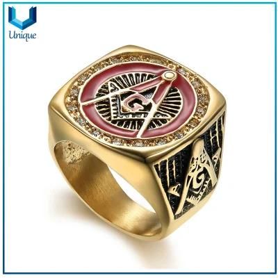 Custom Design Free Sample Popular Stainless Steel Antique Gold Freemasonry Masonic Rings with Crystal, Crystal Freemasonc Ring