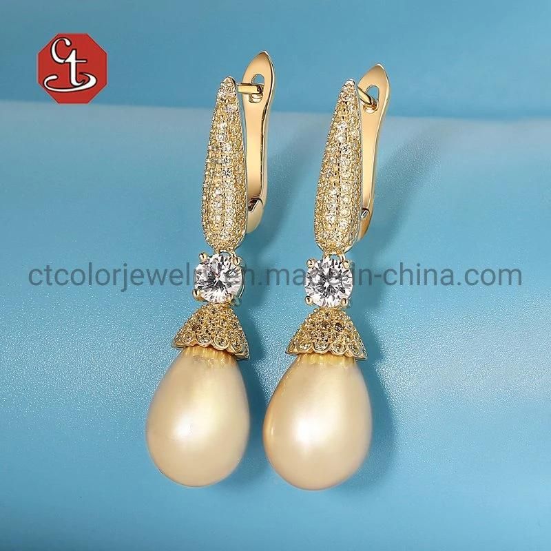 Women Fashion Silver Jewelry 14K 18K Gold Plated CZ Pearl Hoop Huggie Earring