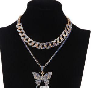 Butterfly Necklace Cuban Link Chain Choker Necklace Set Butterfly Chains Bling Hip Hop Pendant Necklace Jewelry for Women