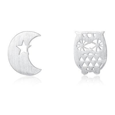 Double Color Owl and Moon Design 925 Sterling Silver Ear Stud