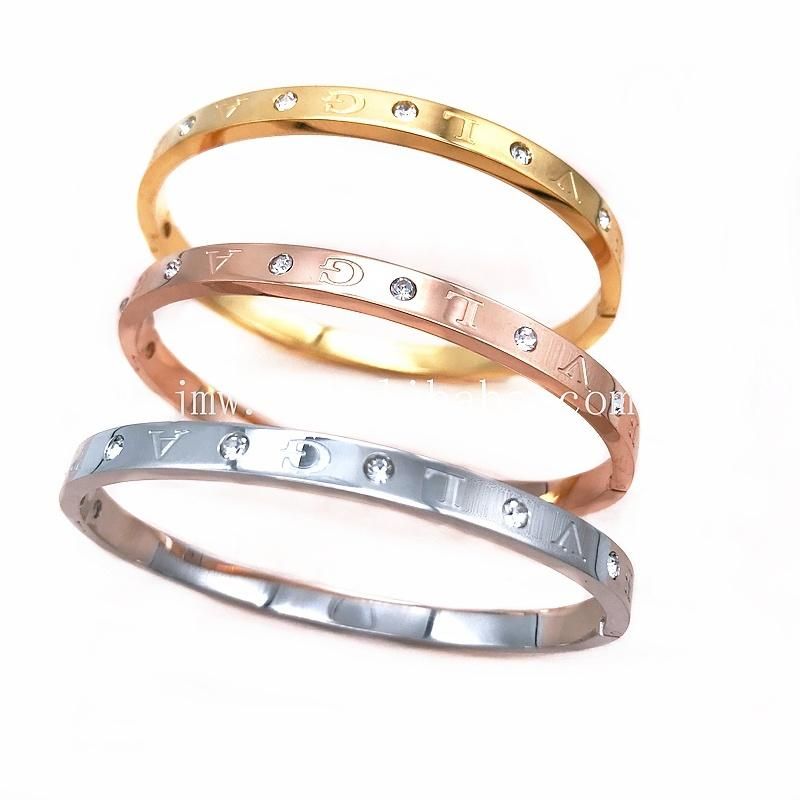 Stainless Steel Letter Girls Boys Jewelry 18K Gold Plated Three Color Lovely Young Girl Zircon Bangle Bracelet