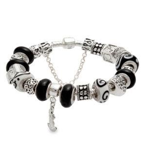 Black Glass Beads Silver Dancing Couple Boy and Girl Pendant Charm Beaded Bracelet