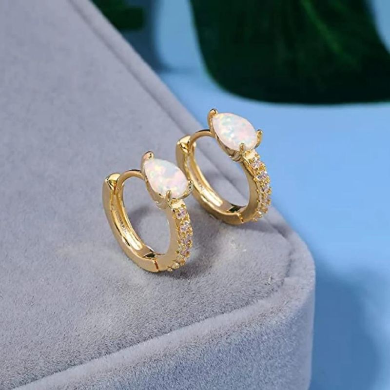 Trendy Jewelry Natural Stones Big Opal and Tiny Diamond Hoop Earrings with 14K Yellow Gold Plated