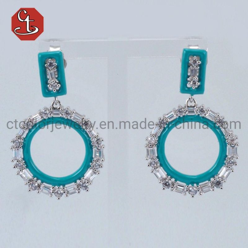 Women Round White Blue Turquoise Color Enamel White CZ Earrings Fashion Jewelry