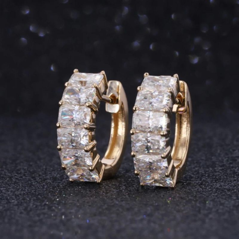 14K Yellow Gold Plated Crushed Ice Radiant Cut 3X5mm Moissanite Diamond Hoop Earrings