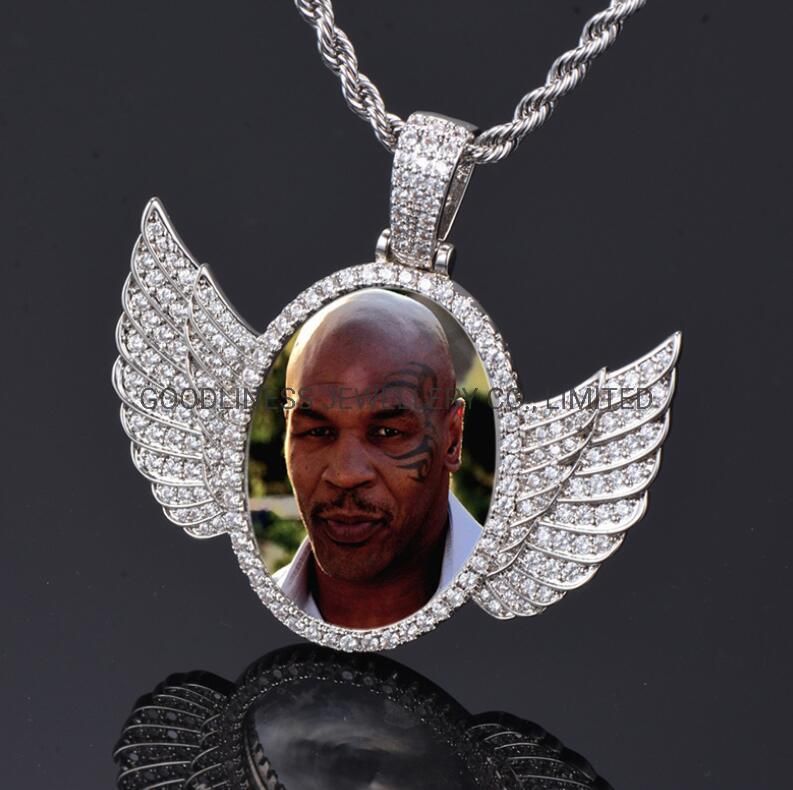 Wing Memory Photo Pendant Necklace Silver Hip Hop Fashion Jewelry