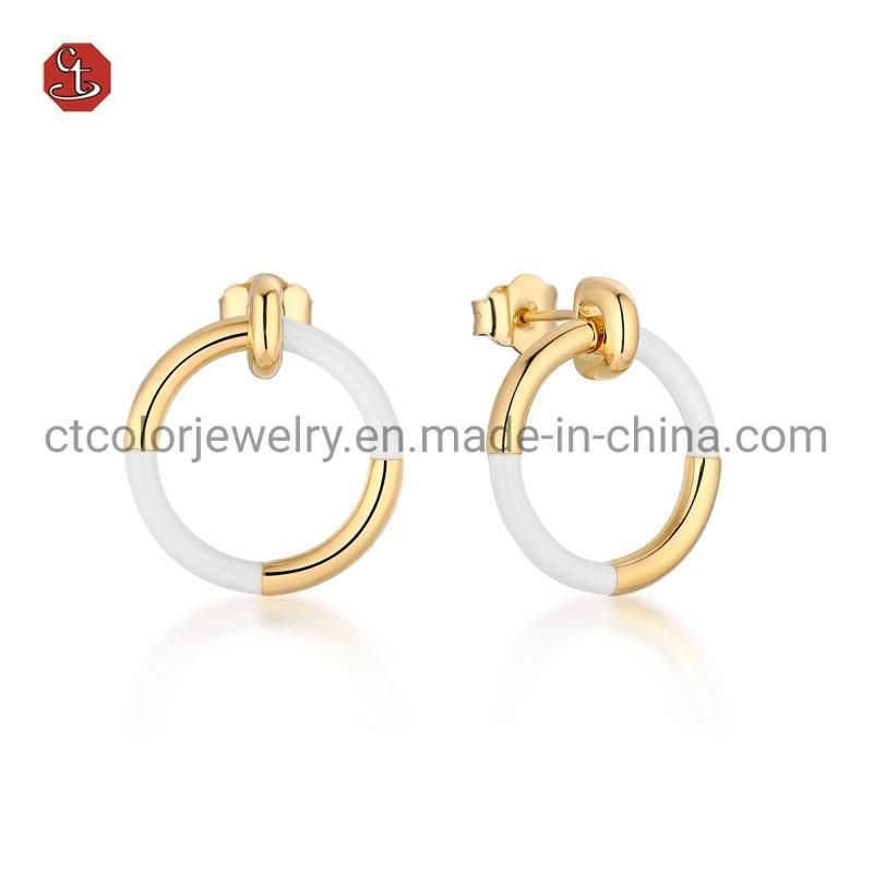Fashion Women Earring Jewelry 925  Sterling Silver Gold Plated Enamel J Shape Hoop Earring