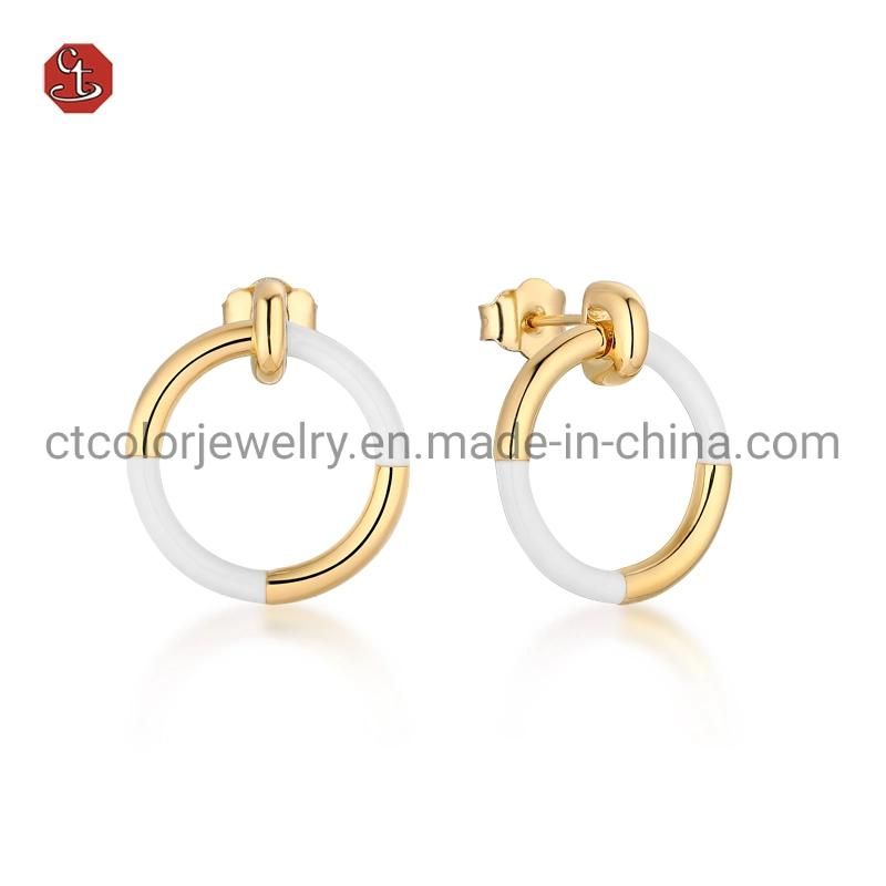 Fashion Women Earring Jewelry 925 Sterling Silver Gold Plated Enamel J Shape Hoop Earring