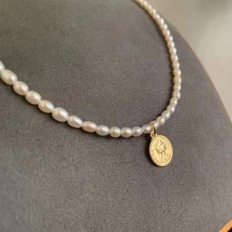 Natural Freshwater Pearl 3-4mm Bead Gold Coin Necklace Wholesale Factory