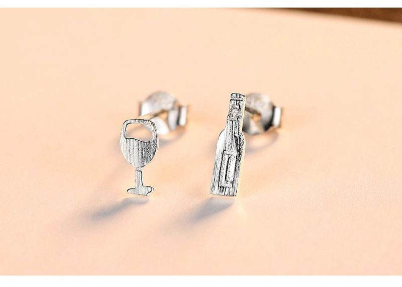 Silver Ear Stud in Wine Bottle and Glass Shape