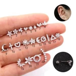 New Surgical Steel &amp; Copper CZ Crown Long Bar Ear Helix Piercing Tragus Stud Conch Earring Piercing Cartilage Body Jewelry