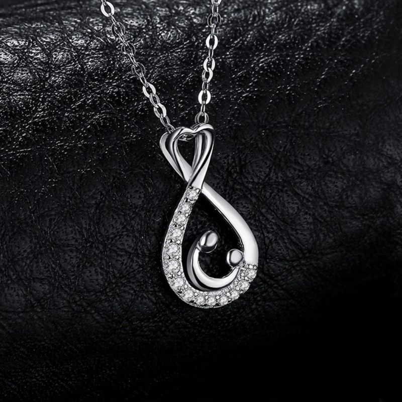 Mother and Child Infinity Heart Love Pendant with CZ Pave Cubic Zirconia 925 Sterling Silver Jewelry