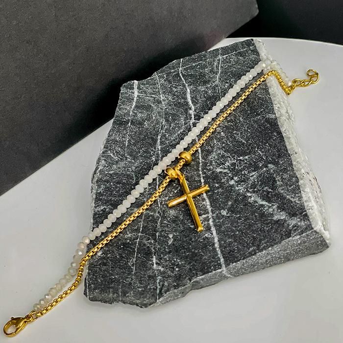 Fashion Stainless Steel Not Allergic Gold Plated Christian Cross Pendant Gold Chain Pearl Layering Necklace for Ladies