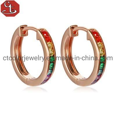 Wholesale Fashion 925 Silver Rose Plated Rainbow CZ Huggie Hoop Earrings