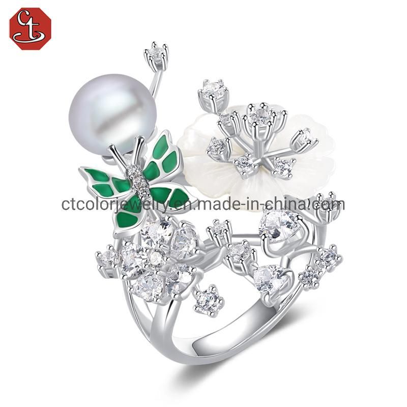 Hot sale jewelry white CZ green enamel mop flower ring for women