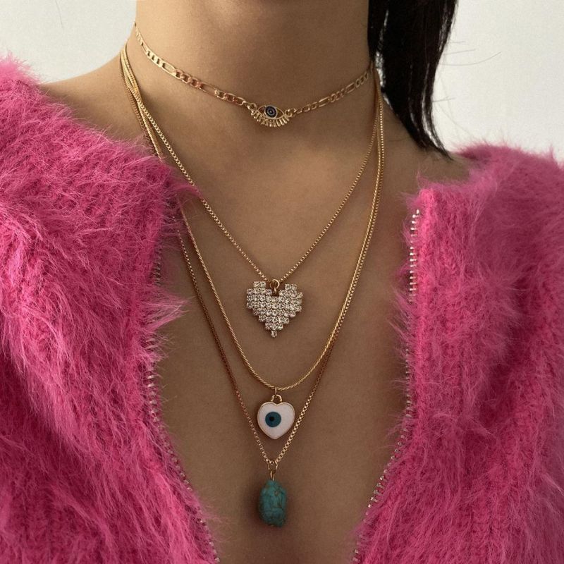 Fashion Jewelry Vintage Tophus Geometric Zircon Necklace Ornaments Female Personality Heart-Shaped Eyes Embossed Multiple Necklace