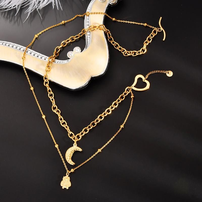 Popular Stainless Steel Gold Plated Layering Necklace Fashion Jewelry with Moon and Eagle Pendant