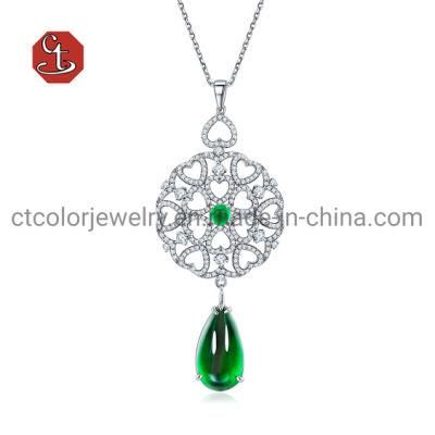 Fashion Jewelry 925 Silver and Brass Gemstone Luxury Women Jewelry Emerald Pendant Necklace