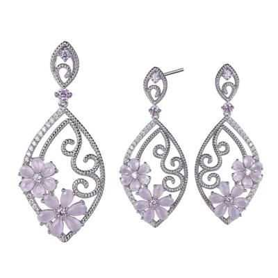 2022 Fashion Silver or Brass Pink Glass Flower Earring Pendant Women Jewelry Set