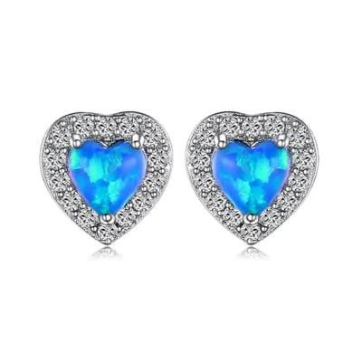 925 Sterling Silver Earrings Stud Earrings Love Heart Earrings Blue Opal Earrings Jewelry Wholesale