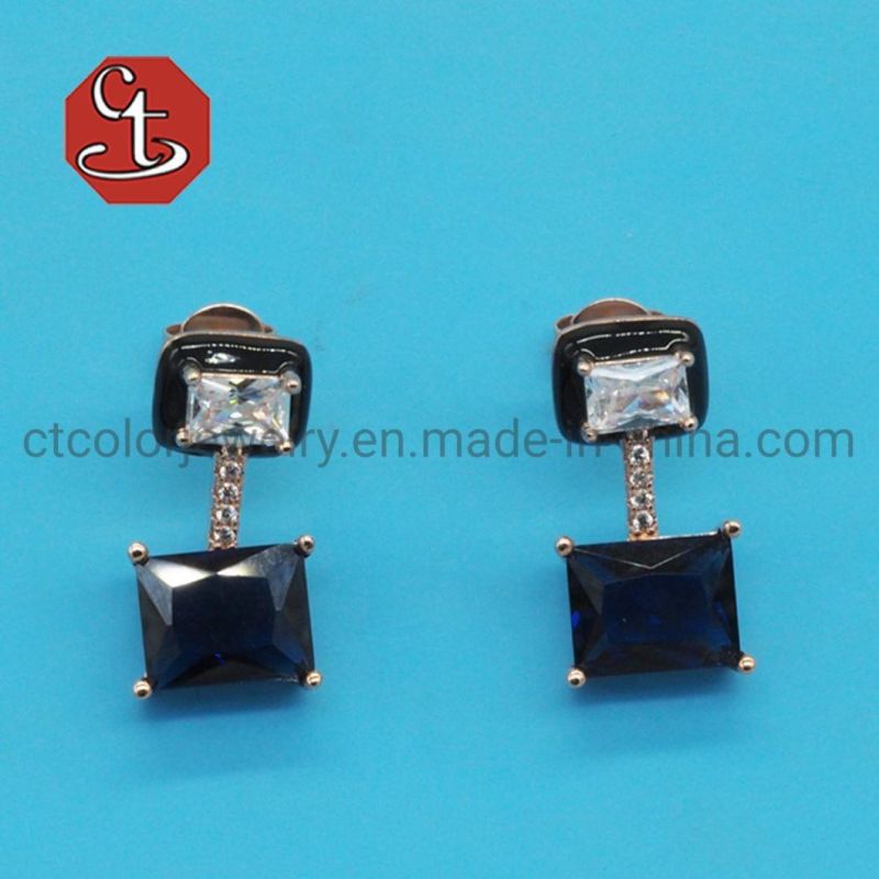 Black Colorful Enamel Stud Square Shape Green Glass Earring Gems Fashion Jewelry