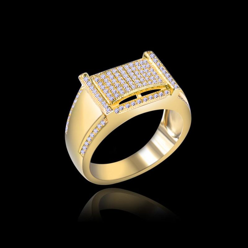 Wedding Shiny Ladies 925 Sterling Silver 5 Cubic Zirconia Diamond Rectangle Hip Hop 24K Gold Plated Rings for Men