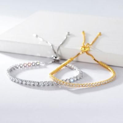 925 Sterling Silver CZ Cubic Zirconia Gold Plated Adjustable Round Tennis Bracelet