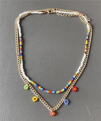 3 Rows Romantic Fashion Gold Plated Flower Chain Necklace Colorful Seed Bead Women Girls Fashion Choker Necklace