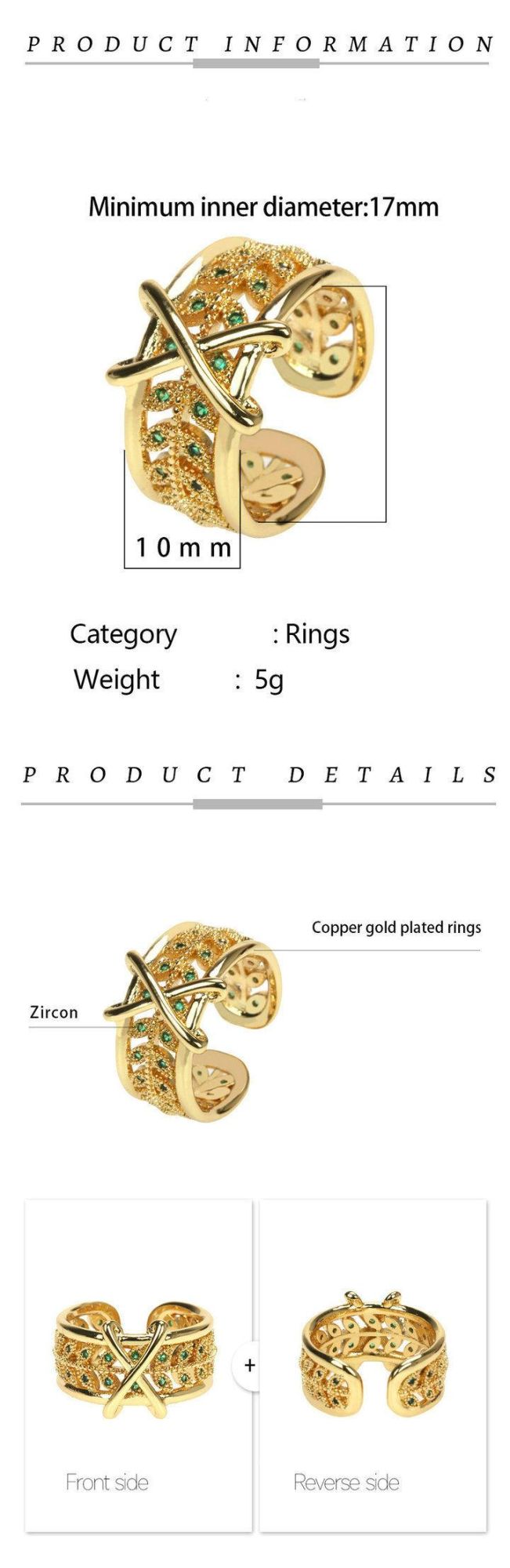 Leaf Shape Zircon Micro Inlaid Ring Woman′ S Simple Hollow out Cross Gold-Plated Ring Customized Ring Accessories