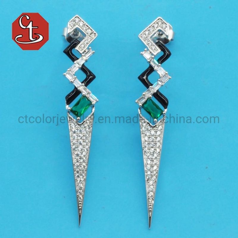 Women Girl Gift Fashion White Black Color Enamel Green CZ Cubic Zirconia Baguette TP Earring Sterling 925 Silver Jewelry