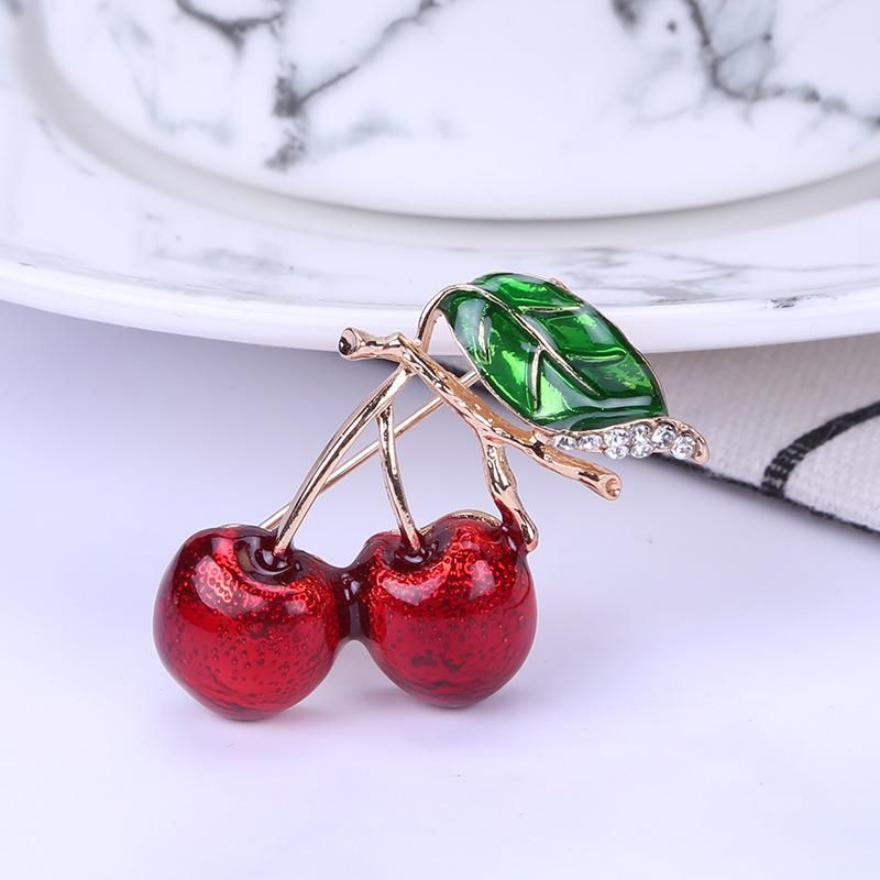 Enamel Fashion Windbreaker Green Leaf Cherry Series Brooch Flower Factory Direct Sales