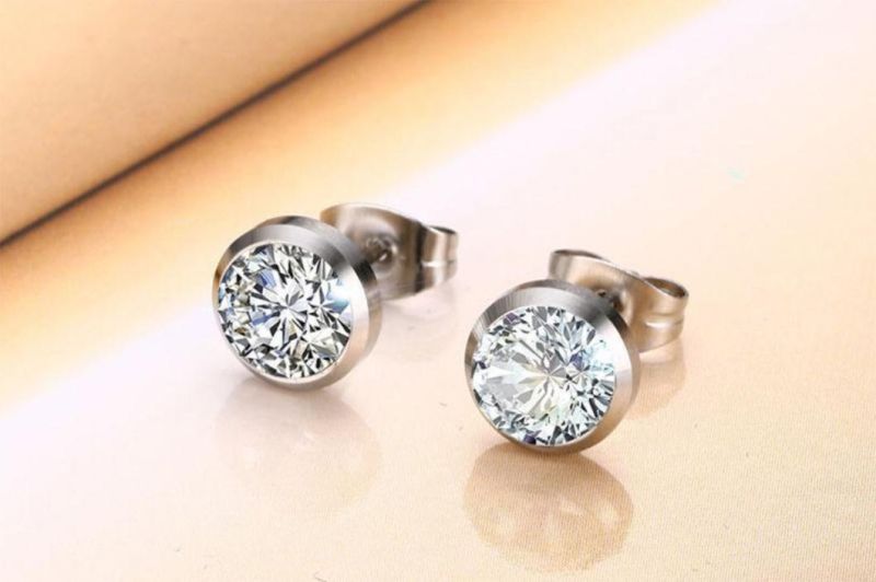 Fashion All-Match Earrings Women′s Jewelry Wholesale 8mm Stainless Steel Zircon Earrings Steel Color Er1092